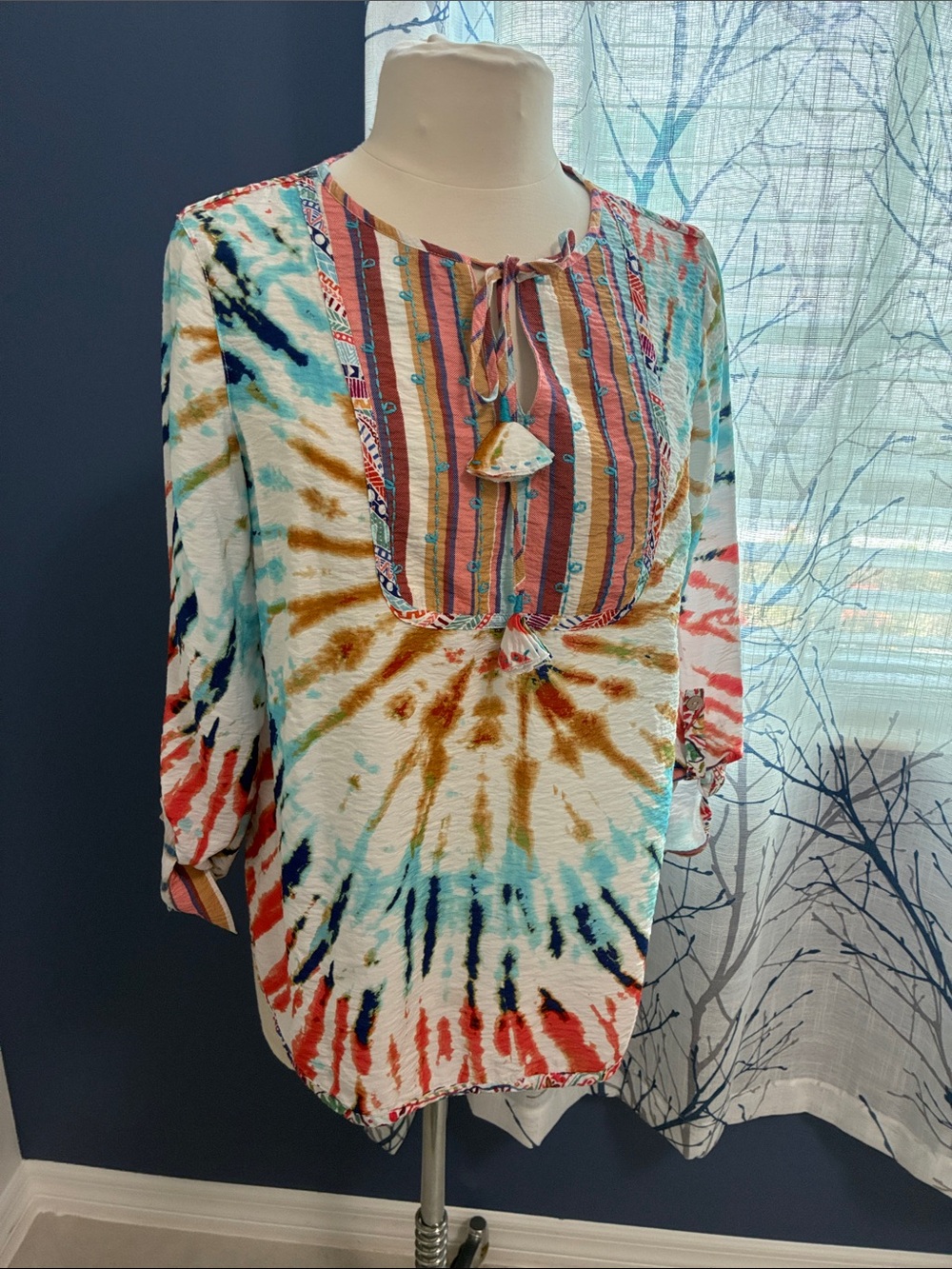 John Mark Tie-Dye Peasant Blouse with Striped Bib Detail - Multi